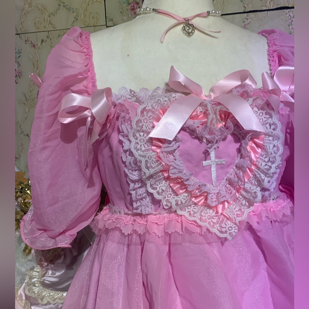 A Pink Angel ooak puff dress pretty pink bows cross wings heart
